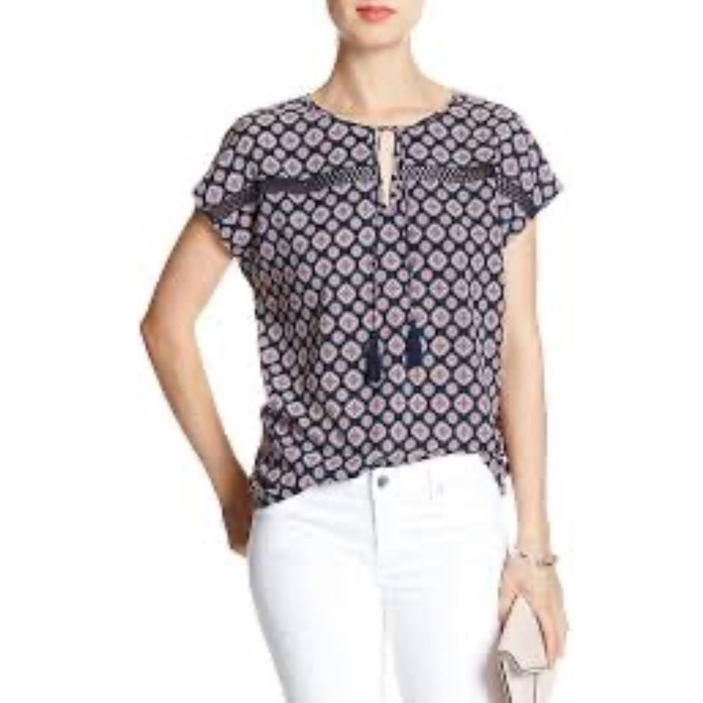 Banana Republic Factory printed short sleeve top split neck tassel embroidery